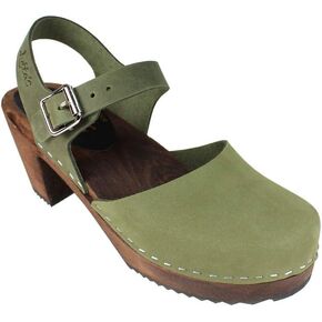 Swedish Highwood Clog Sandal for Women | Mary Jane Style Wooden Clogs Made in Sweden | Brown Alder Wood Base and Oiled Nubuck Leather | Green