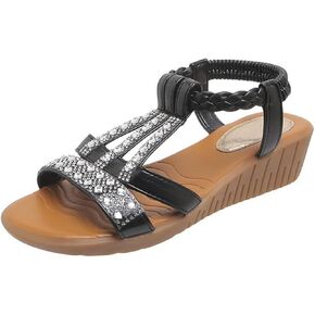 Low Wedge Sandals for Women Bohemia Beach Shoes Elastic Ankle Strap with Arch Support Slip On Open Toe Rhinestone Comfortable Shoe Comfortable Sandal T-Strap Beaded Dressy Flat