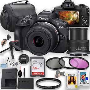 Canon EOS R100 Mirrorless Camera with 18-45mm Lens, 64GB Memory Card, Case, Filters & More (Renewed), Black