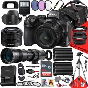 كاميرا Nikon Z5 بدون مرآة مع Nikkor Z 24-50mm f/4-6.3 و 420-800mm f/8.3 HD TeameTo Zoom Lens + 64GB Memory + Extra Battery + Slave Flats + Filters + Tripod + More (32pc Bundle) (متجددة)
