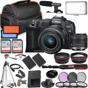 Canon EOS R8 Camera بدون مرآة W/RF 24-50 مم f/4.5-6.3 هي عدسة STM + 2x 64GB الذاكرة + CASE + MICROPHONE + LED VIDEO LIGHT + المزيد (حزمة 35pc) (متجددة)