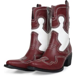 Western Woman Cowgirl Boots with Chunky Heel Pointed Toe Cowboy Boots White Patchwork Trendy Cowboy Stitched Pointe Toe Mid Shaft Boots