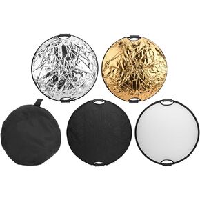 5 in 1 Foldable Reflector Panel with Double Handle, Round Shape for Indoor Outdoor Photography, Includes Silver Gold Black White Soft Reflective Surfaces (80cm)