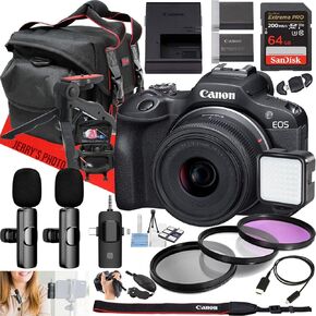 Canon EOS R100 Mirrorless Camera with RF-S 18-45mm f/4.5-6.3 is STM Lens + Dual Wireles Microphones + 64 GB Memory + Extra Battery + LED Light + More (23pc Bundle) (Renewed)