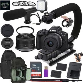 Canon EOS R50 كاميرا بدون مرآة مع Canon RF-S 18-45mm f/4.5-6.3 هي العدسة STM + حقيبة ظهر للبطارية + بطارية إضافية + 64 جيجابايت + أكثر (حزمة 18pc) (متجددة)