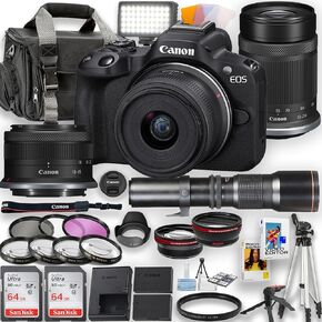Canon EOS R50 Mirrorless Camera with 18-45mm is STM and 55-210mm STM Lenses + 500mm Telephoto Lens + LED Video Light, 2pc 64GB Memory Cards, Wideangle and Telephoto Lens & More (Renewed)