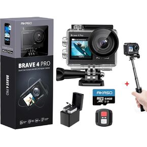 AKASO Brave 4 Pro Action Camera with 64GB MicroSDXC Memory Card and Mini Selfie Stick Tripod