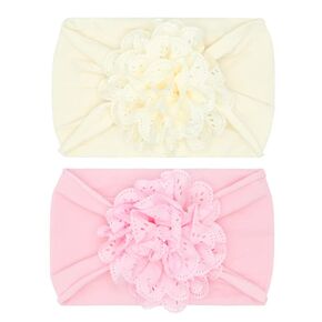 Baby Bling Bows Newborn to Little Girls Hair Bow - EYELET FLOWER HEADBANDS Toddlers Hair Accessories, Made in the USA, One Size (2 Pack Ivory & Pink)