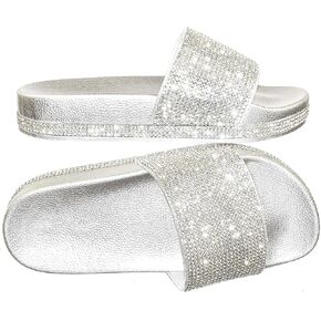 Forever Link Viste-07 Rhinestone Glitter Slide Slip On Flatform Footbed Sandal Slippers (9, Silver-07)
