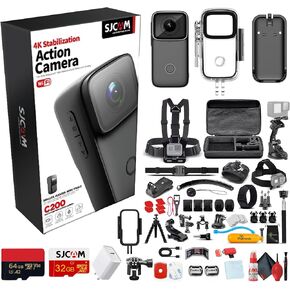 SJCAM C200 4K Mini Action Camera | كاميرا رياضية مضغوطة مضغوطة مع تثبيت الصورة وتصميم مدونة يمكن ارتداؤها (C200B) + 50-in-1 Action Actocy Kit + 64GB CARD + USB-C ADAPTER + المزيد