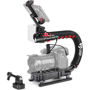 Zeadio Camera Stabilizer, Handle Grip Handheld Stabilizer with LED Video Light and Microphone, Fits for All Camcorder, Camera, DSLR, Action Camera and All Smartphones