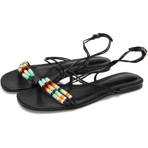 Strappy Flat Sandals for Women Open Round Toe Beaded Ankle Buckle Strap Slides Beach Lace Up Sandal Shoes