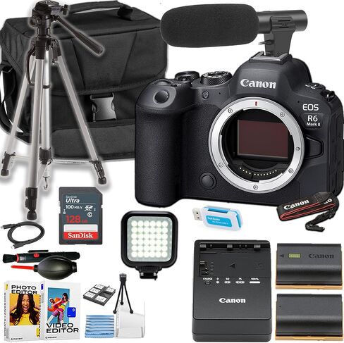Canon EOS R6 Mark II Body Liveless Camera Body فقط + ميكروفون الاتجاه + Camera Case + Tripod + More (حزمة 18pc) (متجددة) in Kuwait