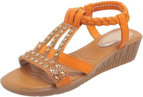 Low Wedge Sandals for Women Bohemia Beach Shoes Elastic Ankle Strap with Arch Support Slip On Open Toe Rhinestone Comfortable Shoe Comfortable Sandal T-Strap Beaded Dressy Flat in Saudi Arabia