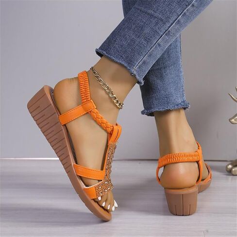 Low Wedge Sandals for Women Bohemia Beach Shoes Elastic Ankle Strap with Arch Support Slip On Open Toe Rhinestone Comfortable Shoe Comfortable Sandal T-Strap Beaded Dressy Flat in Saudi Arabia