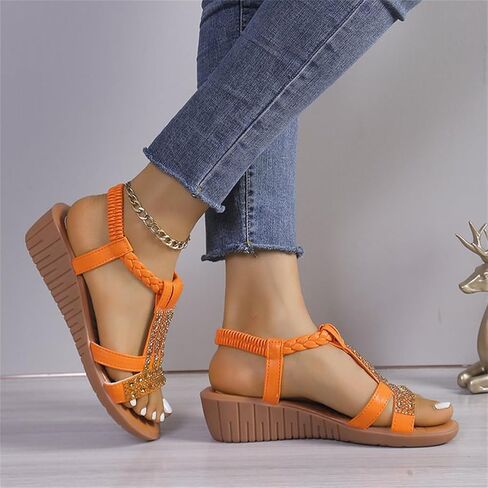 Low Wedge Sandals for Women Bohemia Beach Shoes Elastic Ankle Strap with Arch Support Slip On Open Toe Rhinestone Comfortable Shoe Comfortable Sandal T-Strap Beaded Dressy Flat in Saudi Arabia