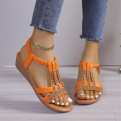 Low Wedge Sandals for Women Bohemia Beach Shoes Elastic Ankle Strap with Arch Support Slip On Open Toe Rhinestone Comfortable Shoe Comfortable Sandal T-Strap Beaded Dressy Flat in Saudi Arabia