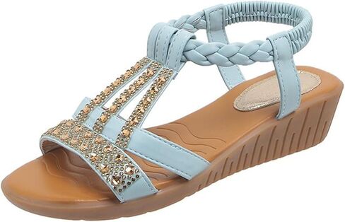 Low Wedge Sandals for Women Bohemia Beach Shoes Elastic Ankle Strap with Arch Support Slip On Open Toe Rhinestone Comfortable Shoe Comfortable Sandal T-Strap Beaded Dressy Flat in Saudi Arabia