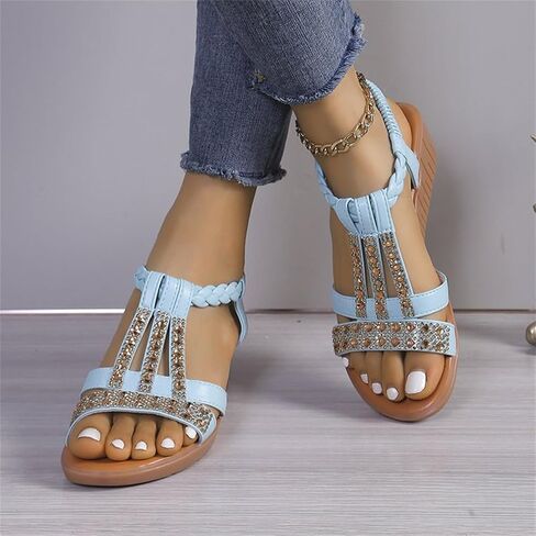 Low Wedge Sandals for Women Bohemia Beach Shoes Elastic Ankle Strap with Arch Support Slip On Open Toe Rhinestone Comfortable Shoe Comfortable Sandal T-Strap Beaded Dressy Flat in Saudi Arabia