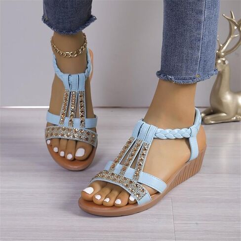 Low Wedge Sandals for Women Bohemia Beach Shoes Elastic Ankle Strap with Arch Support Slip On Open Toe Rhinestone Comfortable Shoe Comfortable Sandal T-Strap Beaded Dressy Flat in Saudi Arabia