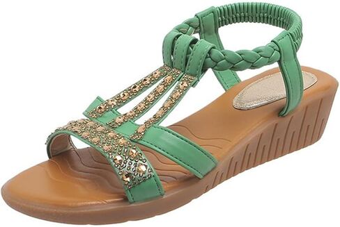 Low Wedge Sandals for Women Bohemia Beach Shoes Elastic Ankle Strap with Arch Support Slip On Open Toe Rhinestone Comfortable Shoe Comfortable Sandal T-Strap Beaded Dressy Flat in Saudi Arabia