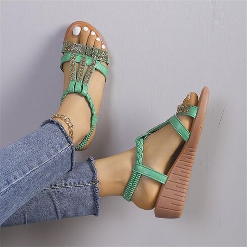 Low Wedge Sandals for Women Bohemia Beach Shoes Elastic Ankle Strap with Arch Support Slip On Open Toe Rhinestone Comfortable Shoe Comfortable Sandal T-Strap Beaded Dressy Flat in Saudi Arabia