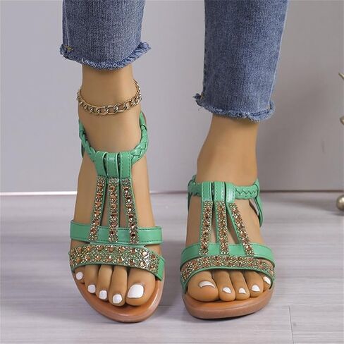 Low Wedge Sandals for Women Bohemia Beach Shoes Elastic Ankle Strap with Arch Support Slip On Open Toe Rhinestone Comfortable Shoe Comfortable Sandal T-Strap Beaded Dressy Flat in Saudi Arabia