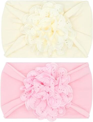 Baby Bling Bows Newborn to Little Girls Hair Bow - Eyelet Flower Beachbelds Explyers Hair Assories ، Made in the USA ، مقاس واحد (2 عبوة العاج والوردي) in Kuwait