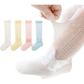 Baby Toddler Girl Knee-hight Lace Socks Kids Thin Mesh Princess Mary Jane Dress Socks Tube Uniform Stockings 4 Pairs
