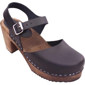 السويدية Highwood High Heel Clog Sandal للنساء | ماري جين سدادات خشبية مصنوعة يدويا في السويد | البني ألدر القاعدة الخشبية والجلد الأصلي | أسود