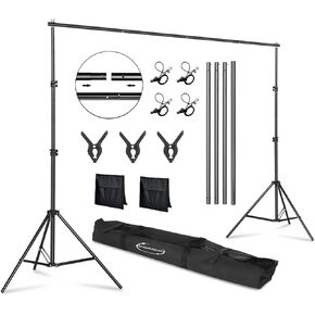 Background Stand, 6.5ft Height x 10ft Wide Adjustable Photo Backdrop Stand with Carry Bag, Clamps, Sangbags and Elastic String Clips
