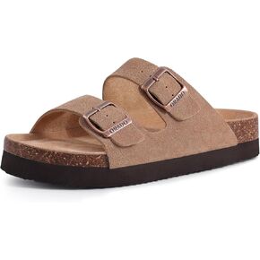 Platform Suede Sandals Soft Cork Footbed Summer Slides with Adjustable Buckle, Apricot 39 (size 8-8.5)