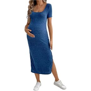 OYOANGLE Women's Maternity Ribbed Knit Short Sleeve Dress High Slit Bodycon Midi Dresses