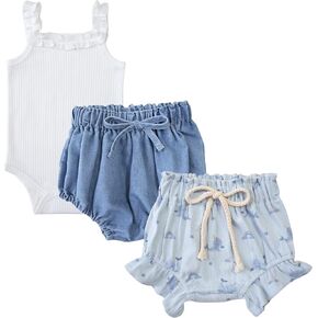3-Piece Baby Infant Girl Quality Cotton Matching Outfits Cami Top And Ruffled Bottoms For 3-18M