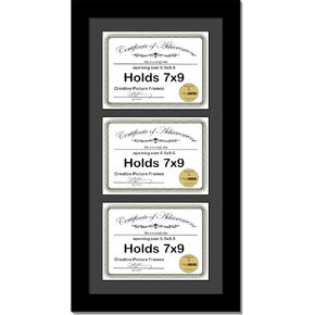 Creative Picture Frames [10x24bk-b] Black Vertical 7x9 Triple Diploma Frame with 3 Opening Black Matting | Holds 3 7x9 inch Documents with installed Wall Hanger