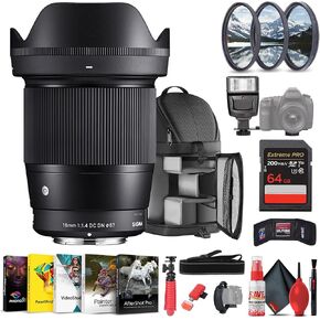Sigma 16mm f/1.4 DC DN Contemporary Lens (Canon RF) 402972 Bundle Includes: Backpack, Flash,Memory Card, Filter Kit, Card Wallet, 12 Inch Tripod, Card Reader, Blower Brush, Lens Pen, Neck Strap+ More