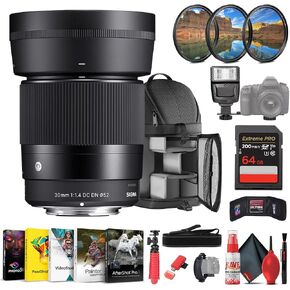 Sigma 30mm f/1.4 DC DN Contemporary Lens (Canon RF) 302972 Bundle Includes: Backpack, Flash, Memory Card, Card Wallet, Filter Kit, 12 Inch Tripod, Card Reader, Blower Brush, Hand Strap + More