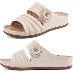 HARENCE Sandals for Women Wedge Slides: Comfortable Summer Beach Platform Shoes with Flowers Dressy Memory Foam Slip On Slide Sandals