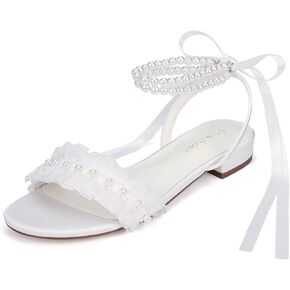 Pearl Wedding Flats for Bride Open Toe Bridal Sandals Flat Wedding Shoes for Bride