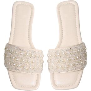 Women's Pearls Beaded Slippers PU Leather Square Open Toe Slip On Slide Sandals
