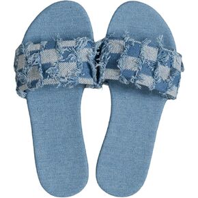 Oyoangle Women's Plaid Sandals Flat Flat Vintage Raw Trim Open Open Toe Non Slip Jean Slide Sandals