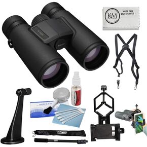 Nikon Monarch M5 10x42 Binoculars | Black Bundle with Harness, Smartphone Adapter, Tripod Adapter, Monopod, Microfiber Cloth, Cleaning Kit (6 Items)