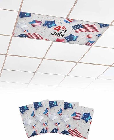 4th of July Fluorescent Lights Covers for Ceiling Lights Flag Magnetic Light Filters 4 Pack 4x2 ft Star Balloon Ribbon Wood Grain Ceiling Light Cover for Classroom Office School Drop Decor in Saudi Arabia