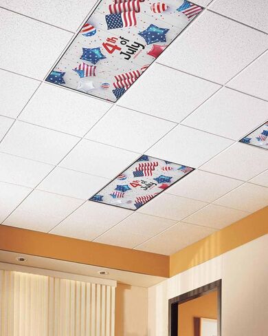 4th of July Fluorescent Lights Covers for Ceiling Lights Flag Magnetic Light Filters 4 Pack 4x2 ft Star Balloon Ribbon Wood Grain Ceiling Light Cover for Classroom Office School Drop Decor in Saudi Arabia