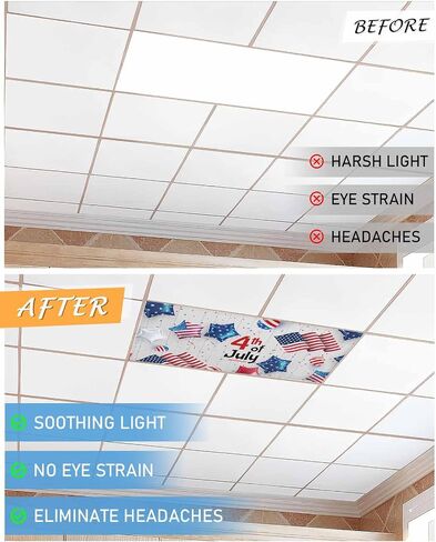 4th of July Fluorescent Lights Covers for Ceiling Lights Flag Magnetic Light Filters 4 Pack 4x2 ft Star Balloon Ribbon Wood Grain Ceiling Light Cover for Classroom Office School Drop Decor in Saudi Arabia