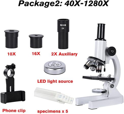 Microscope 640X 1280X 2000X HD Biological Microscope Monocular Student Education Light Phone Holder Electronic Eyepiece,White-Package1(40X in Saudi Arabia