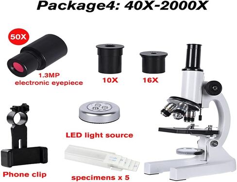 Microscope 640X 1280X 2000X HD Biological Microscope Monocular Student Education Light Phone Holder Electronic Eyepiece,White-Package1(40X in Saudi Arabia