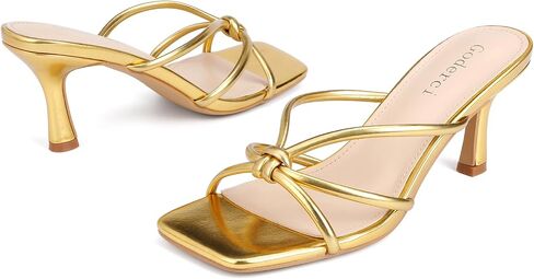 Kitten Strappy Heels for Women Knotted Square Open Toe Slip On Mule Heels Mid Heeled Sandals in Saudi Arabia