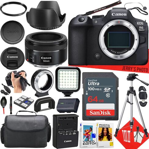 Canon EOS R6 MARK II LIRRORLAND CAMERA مع Canon EF 50MM F/1.8 STM Lens + 64 GB Memory + LED LID + CAMERA CASE + ATAPTER CANON R + MORE (حزمة 25pc) (متجددة) in Kuwait