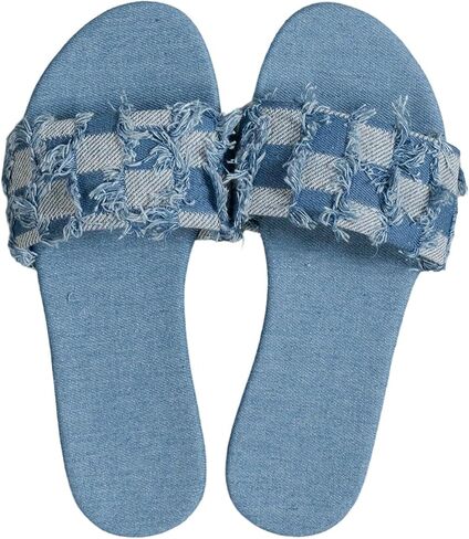 Oyoangle Women's Plaid Sandals Flat Flat Vintage Raw Trim Open Open Toe Non Slip Jean Slide Sandals in Saudi Arabia